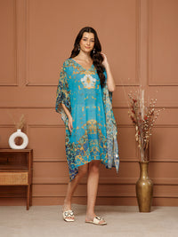 Women's Teal Blue V- Neck Kaftan Midi Dress