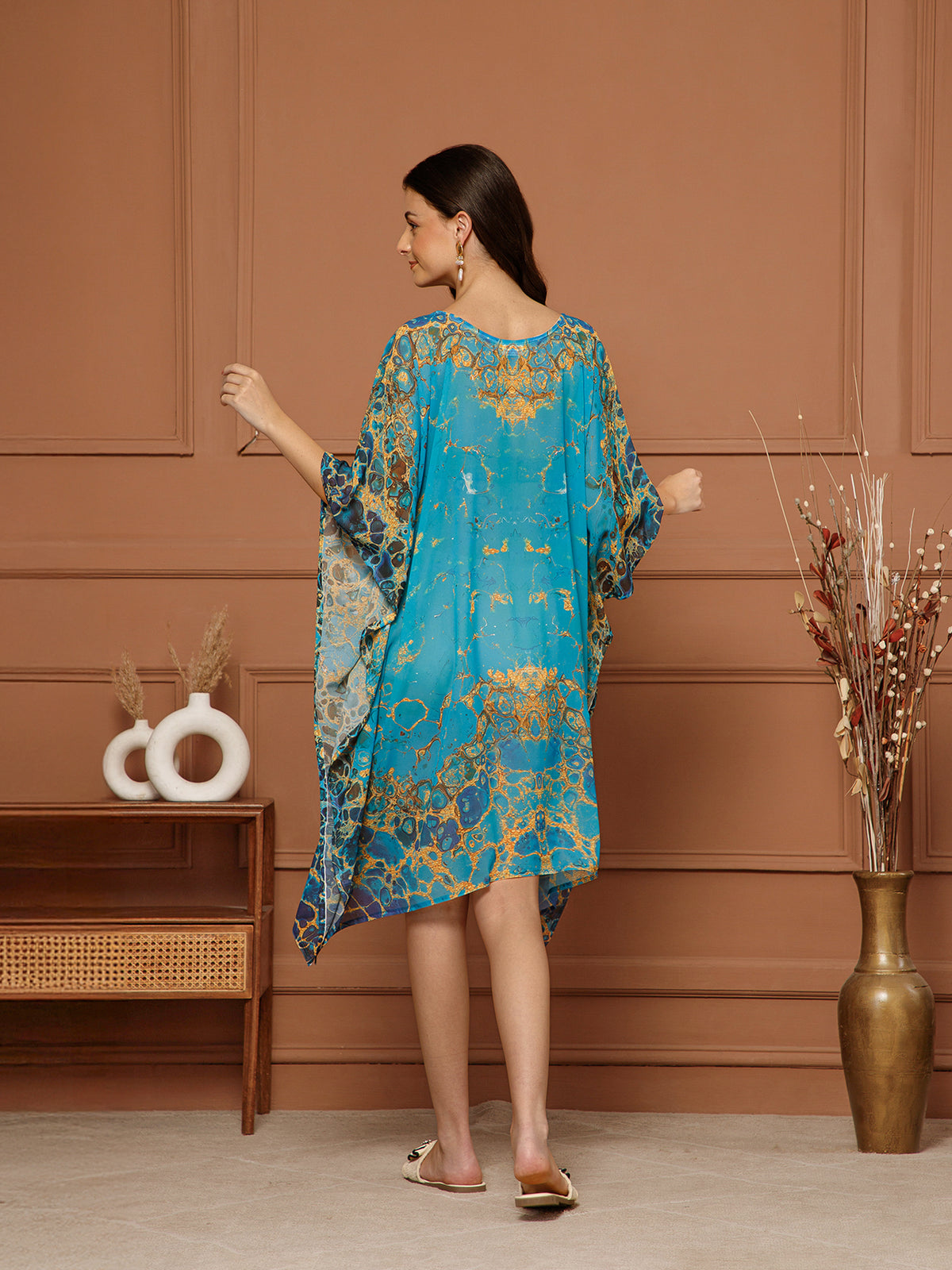 Women's Teal Blue V- Neck Kaftan Midi Dress