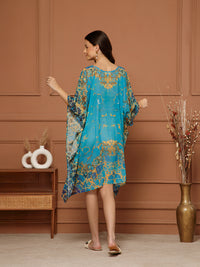 Women's Teal Blue V- Neck Kaftan Midi Dress