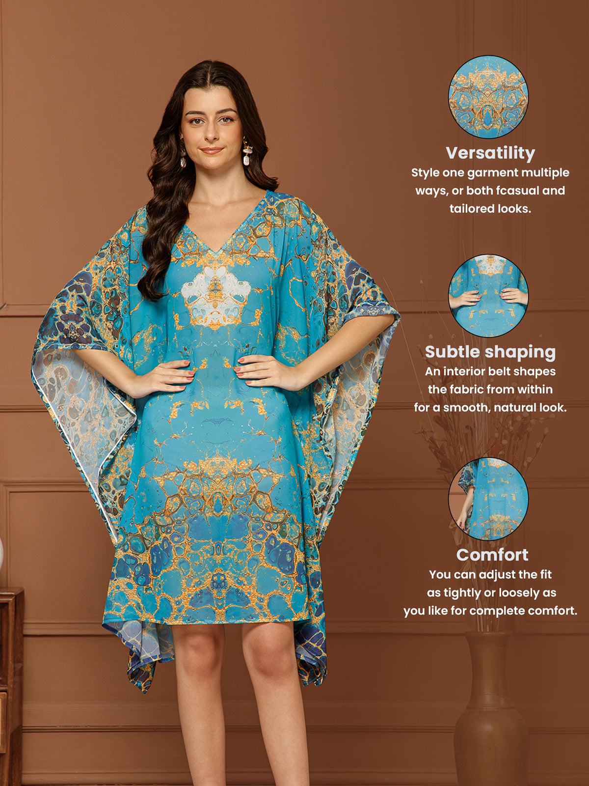 Women's Teal Blue V- Neck Kaftan Midi Dress