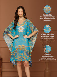 Women's Teal Blue V- Neck Kaftan Midi Dress