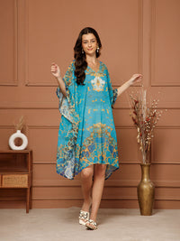 Women's Teal Blue V- Neck Kaftan Midi Dress