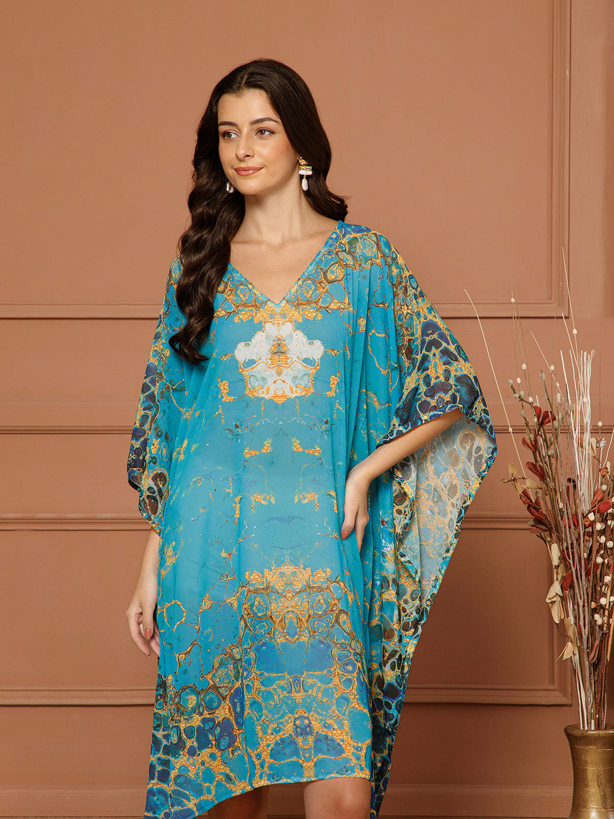 Women's Teal Blue V- Neck Kaftan Midi Dress