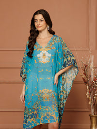 Women's Teal Blue V- Neck Kaftan Midi Dress