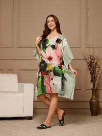 Green Peach V-Neck Cotton Kaftan Dress