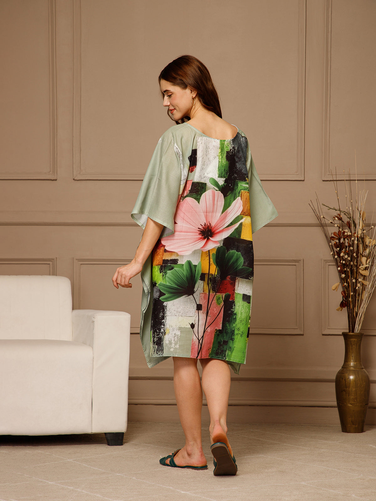 Green Peach V-Neck Cotton Kaftan Dress