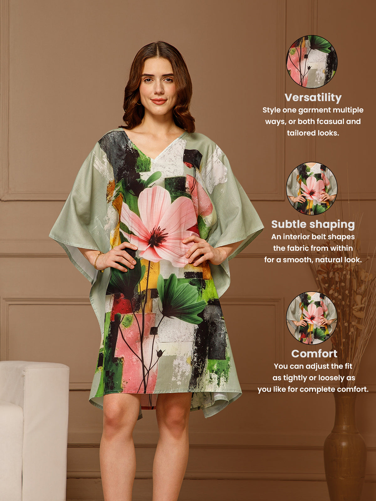 Green Peach V-Neck Cotton Kaftan Dress