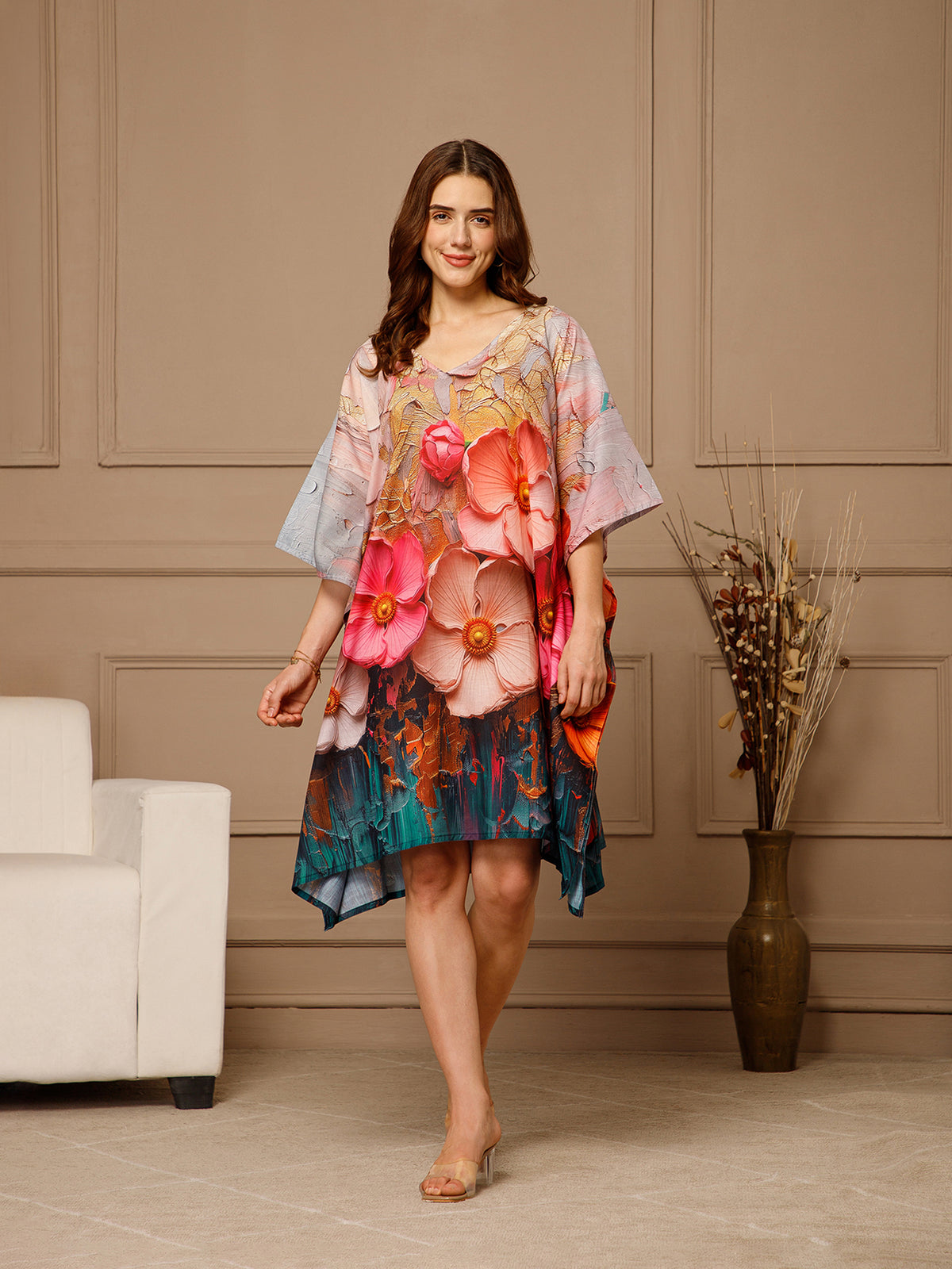 Yellow Pink V-Neck Cotton Kaftan Dress