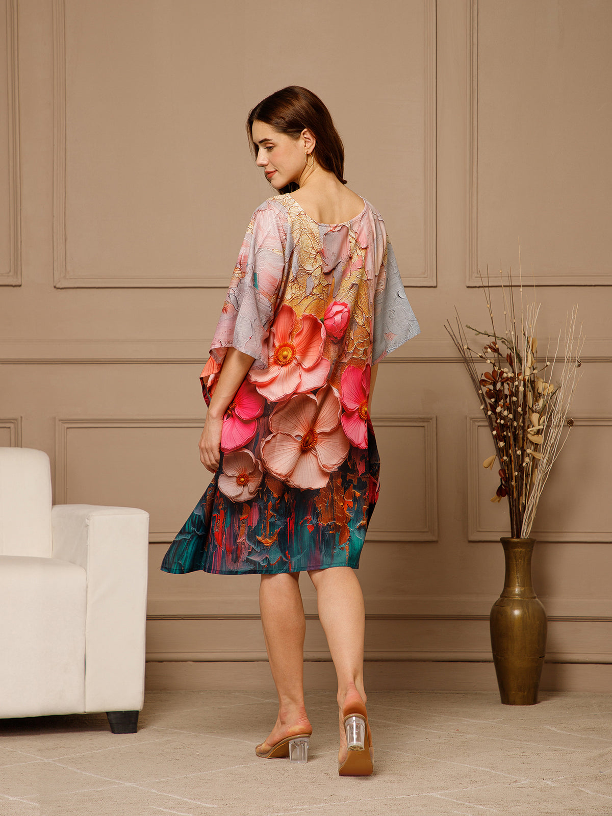 Yellow Pink V-Neck Cotton Kaftan Dress