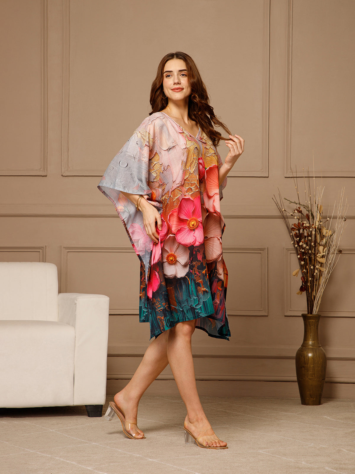 Yellow Pink V-Neck Cotton Kaftan Dress