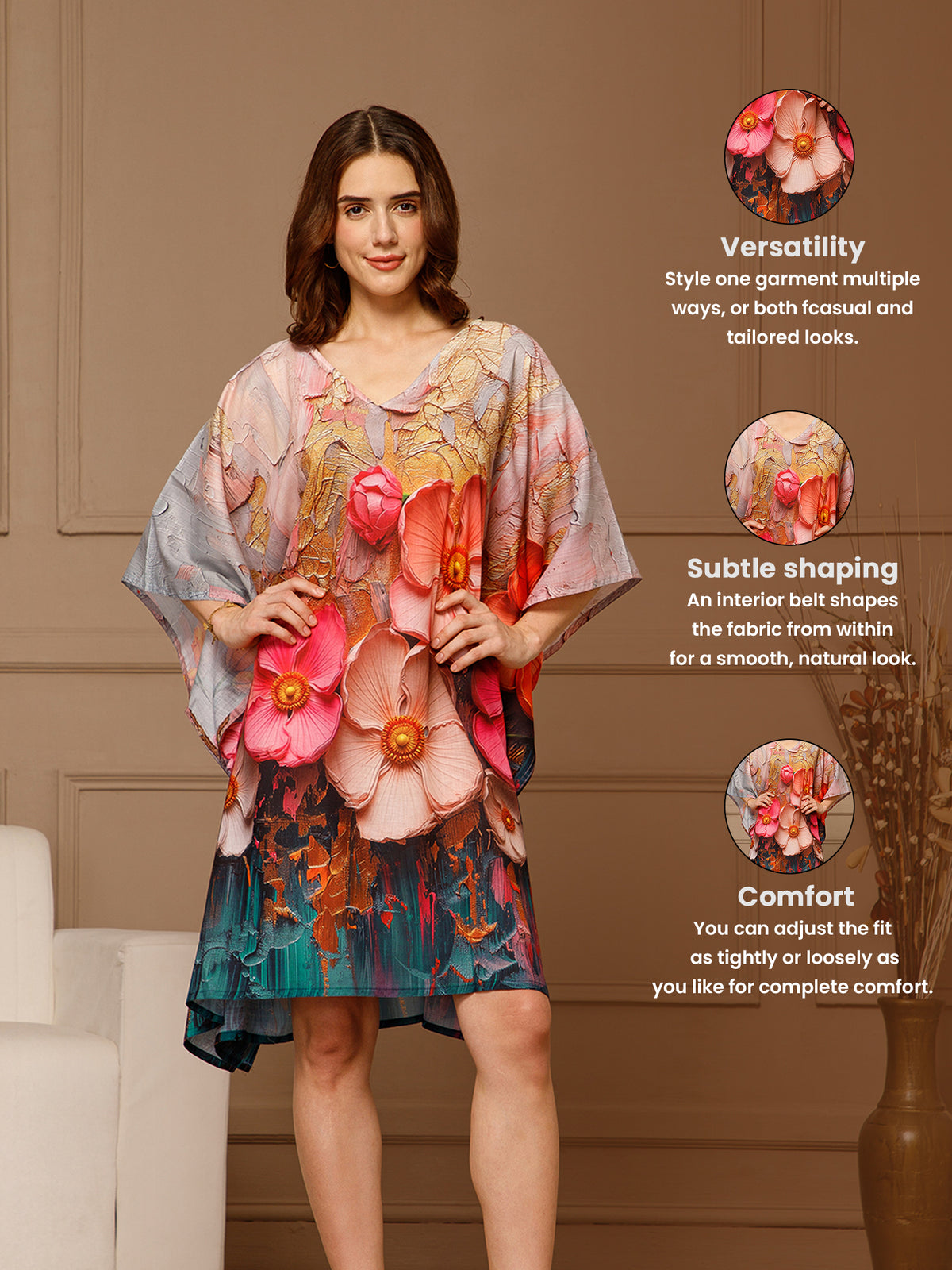 Yellow Pink V-Neck Cotton Kaftan Dress
