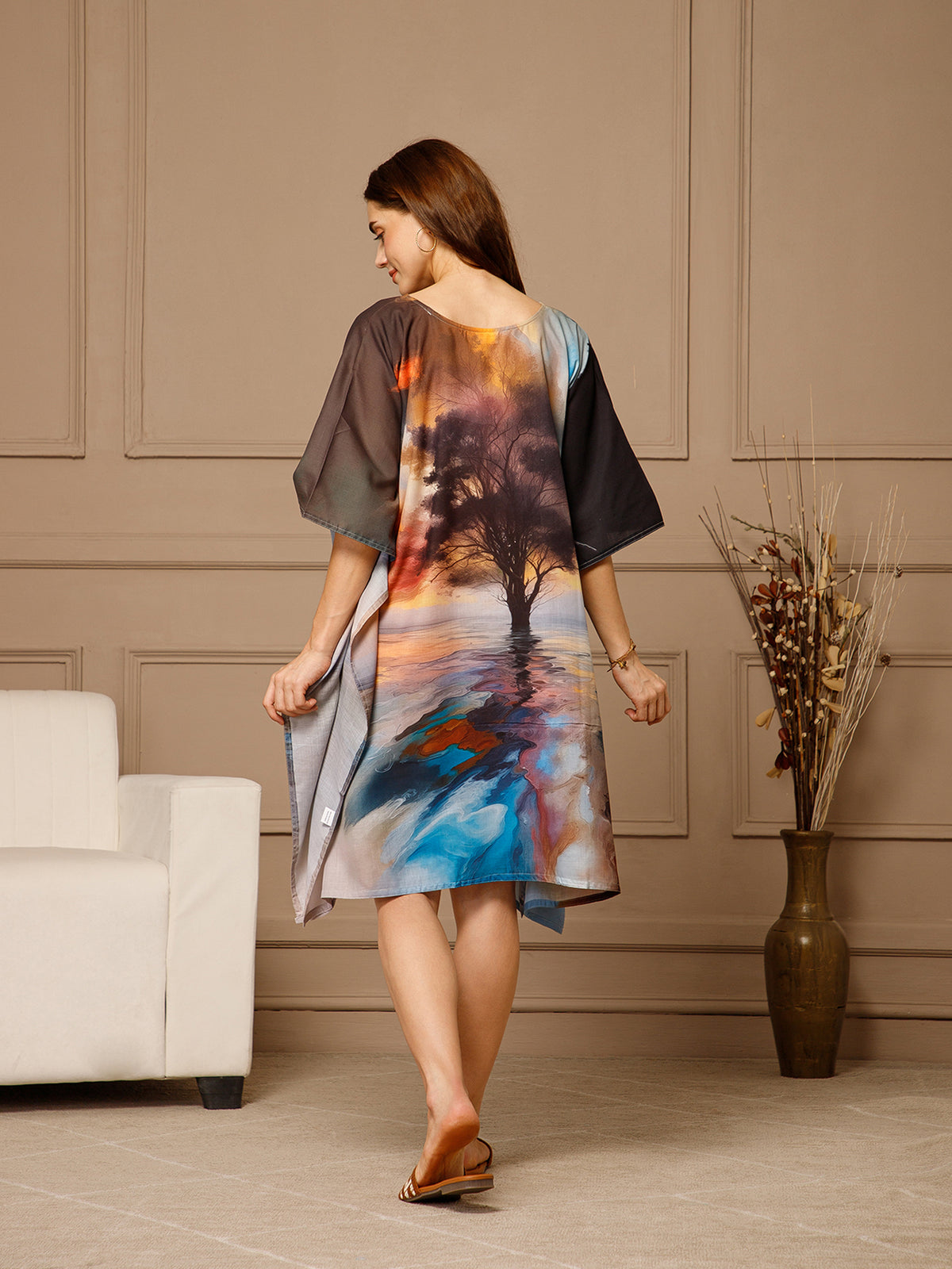 Multi Color V-Neck Cotton Kaftan Dress