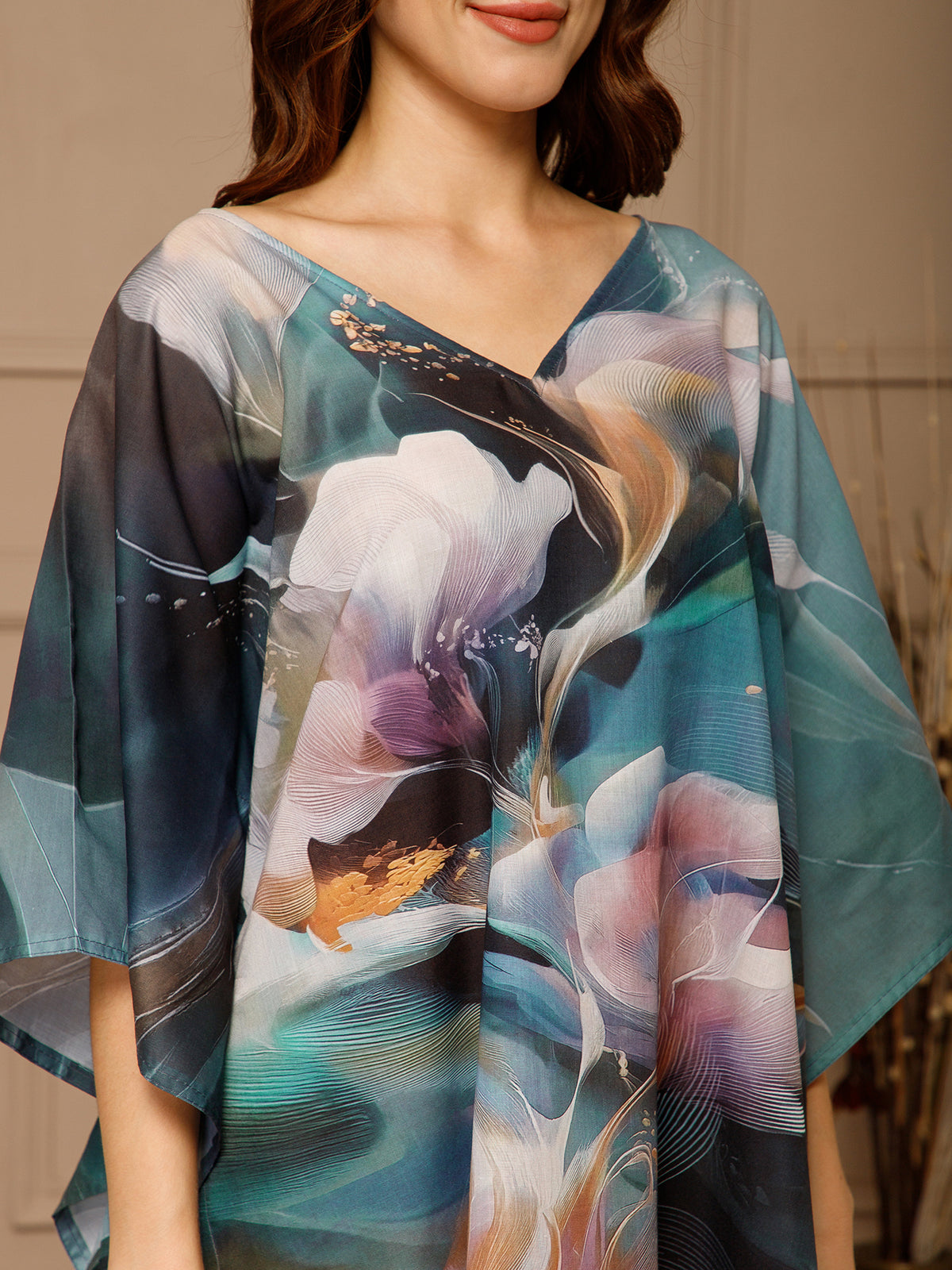 Blue V-Neck Cotton Kaftan Dress