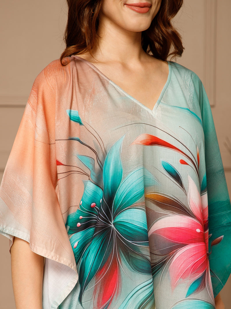 Sea Green V-Neck Cotton Kaftan Dress