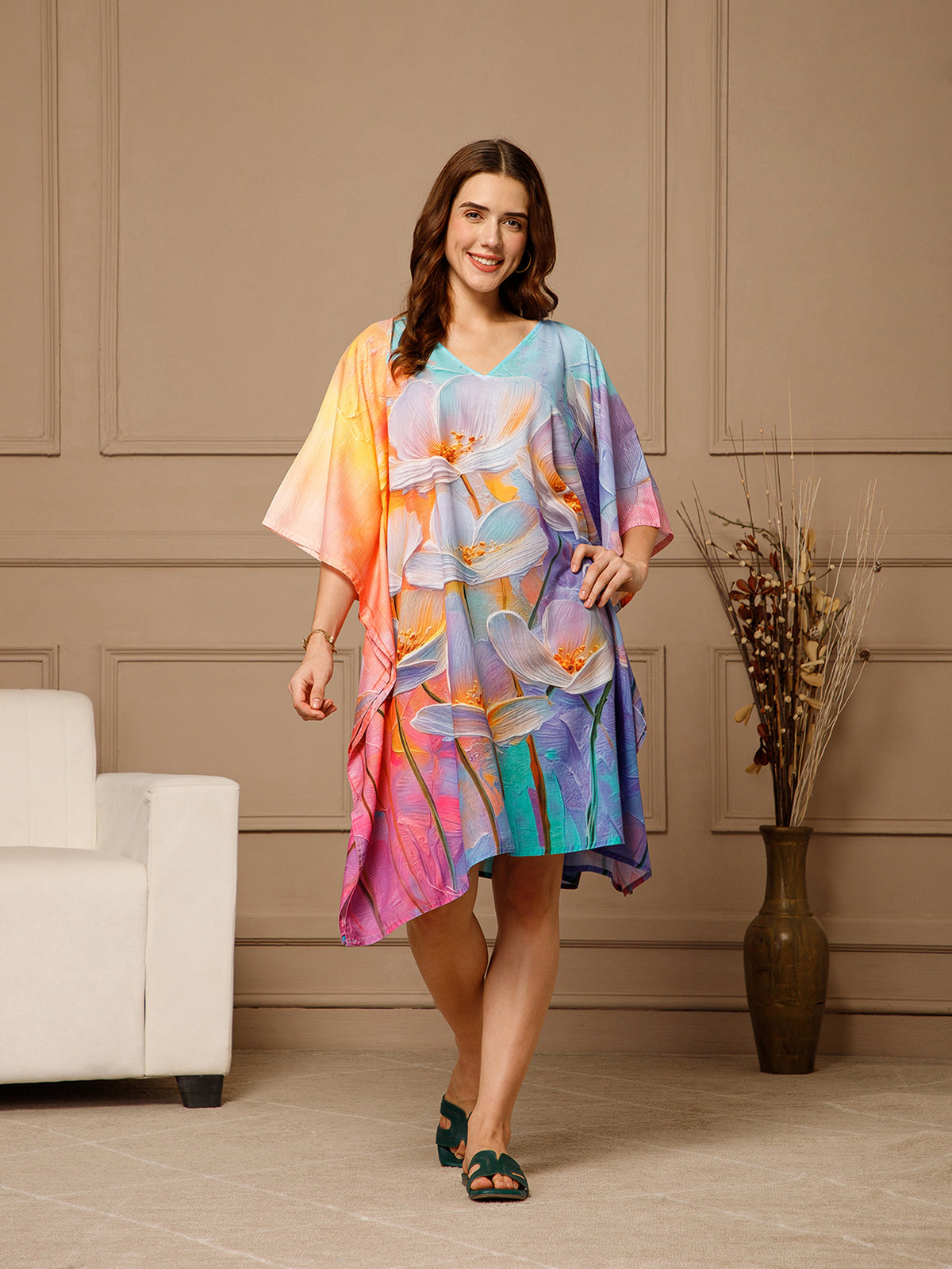 Aqua Blue V-Neck Cotton Kaftan Dress