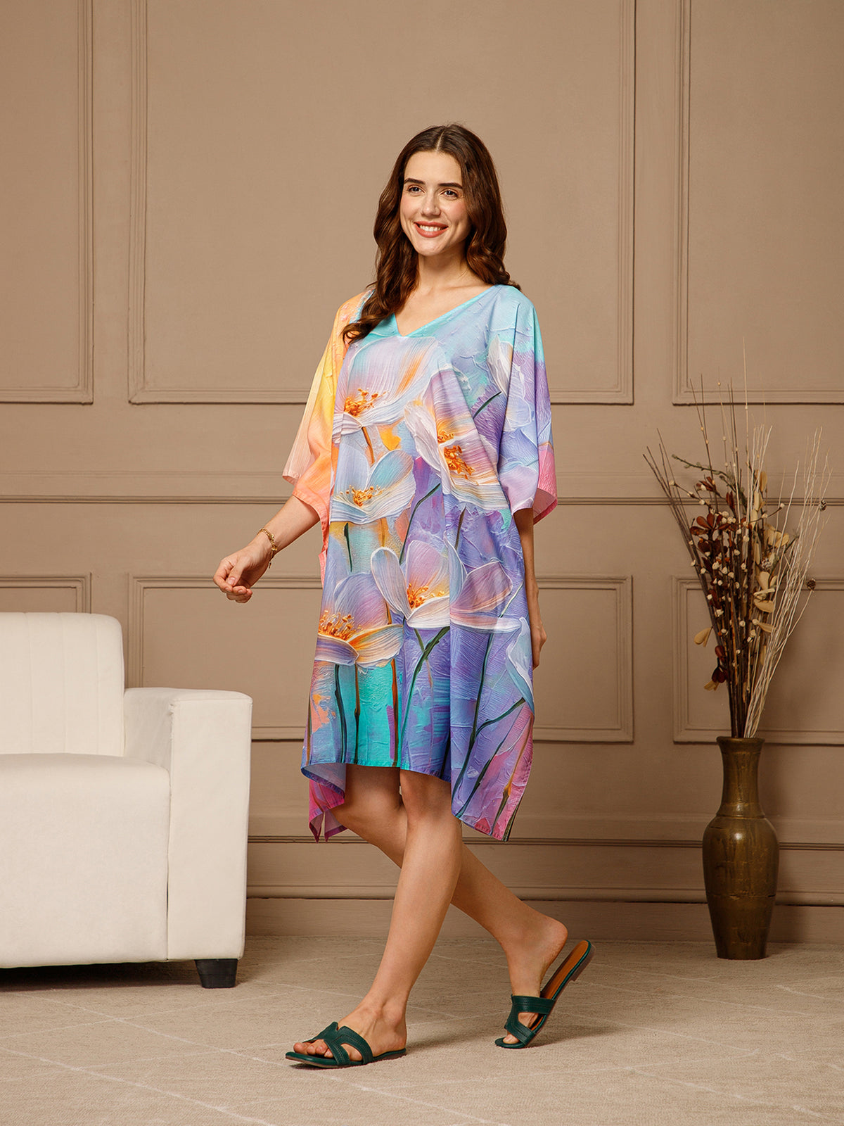 Aqua Blue V-Neck Cotton Kaftan Dress