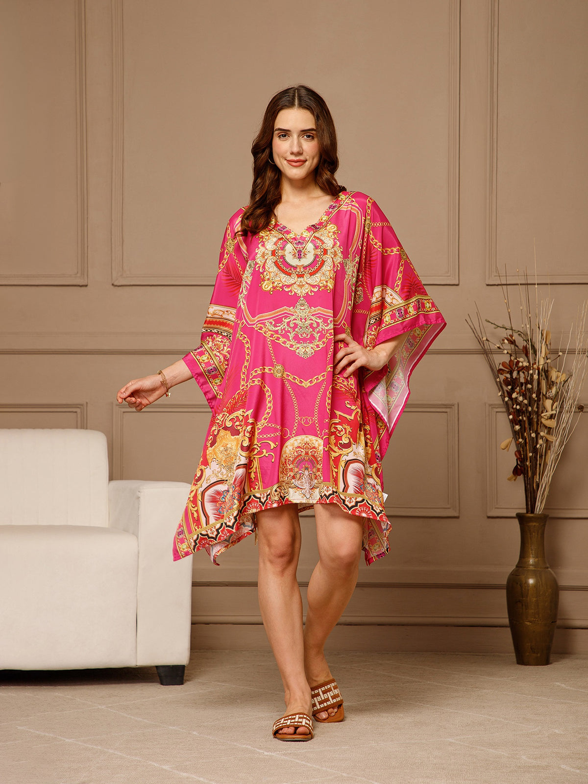 Pink V-Neck Poly Silk Kaftan Dress