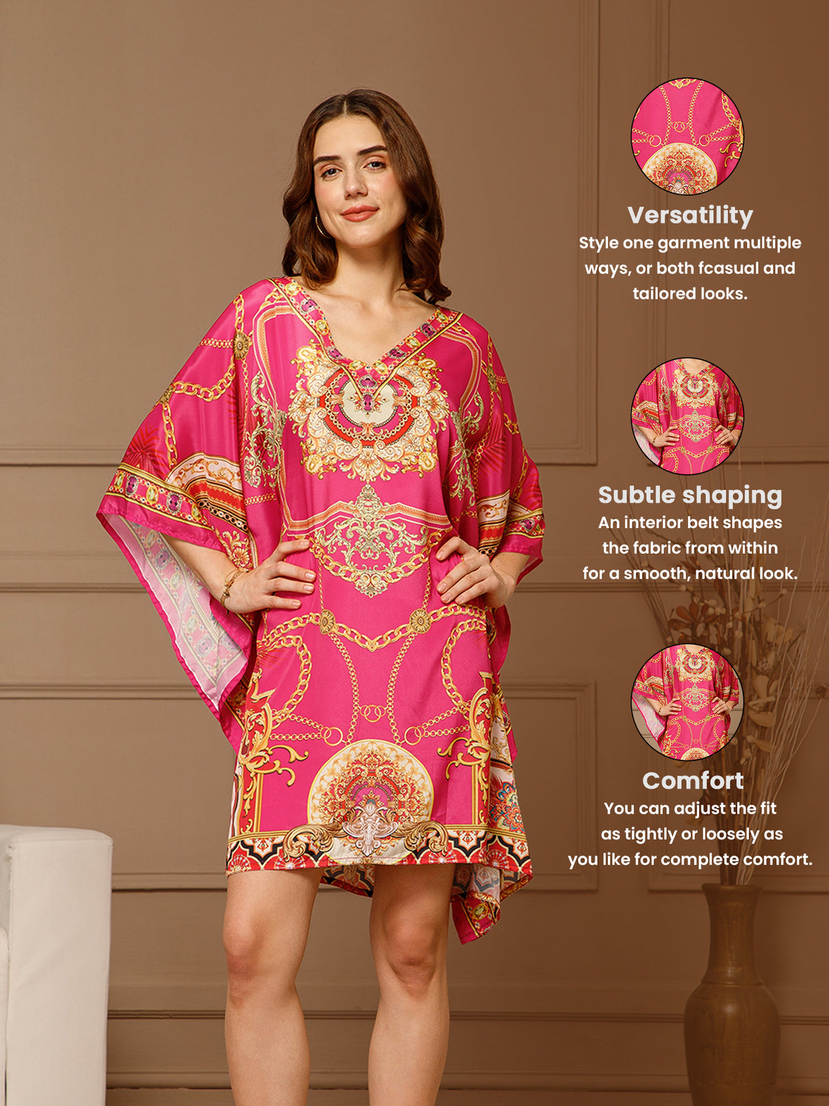 Pink V-Neck Poly Silk Kaftan Dress