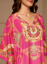 Pink V-Neck Poly Silk Kaftan Dress