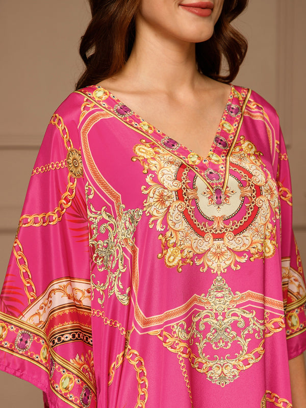 Pink V-Neck Poly Silk Kaftan Dress