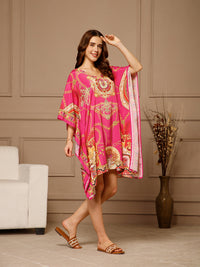 Pink V-Neck Poly Silk Kaftan Dress