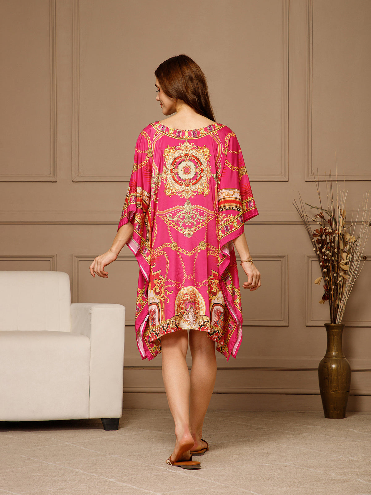 Pink V-Neck Poly Silk Kaftan Dress