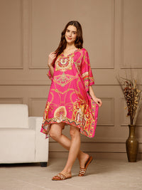 Pink V-Neck Poly Silk Kaftan Dress