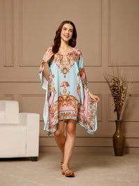 Pink Blue V-Neck Poly Silk Kaftan Dress