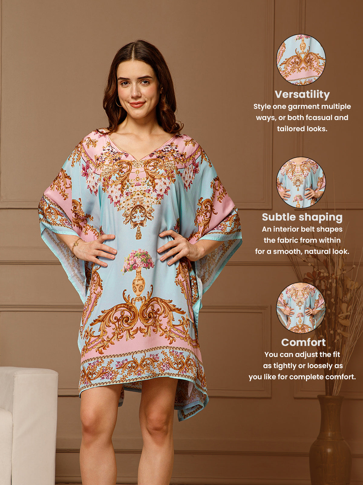 Pink Blue V-Neck Poly Silk Kaftan Dress