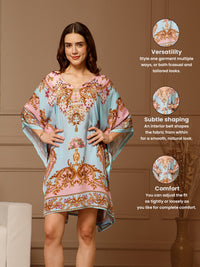 Pink Blue V-Neck Poly Silk Kaftan Dress