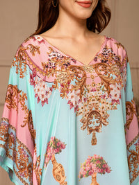 Pink Blue V-Neck Poly Silk Kaftan Dress