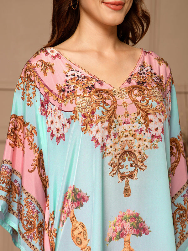 Pink Blue V-Neck Poly Silk Kaftan Dress