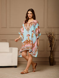 Pink Blue V-Neck Poly Silk Kaftan Dress