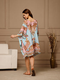 Pink Blue V-Neck Poly Silk Kaftan Dress