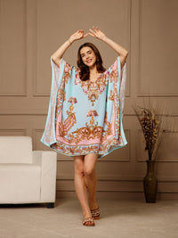 Pink Blue V-Neck Poly Silk Kaftan Dress