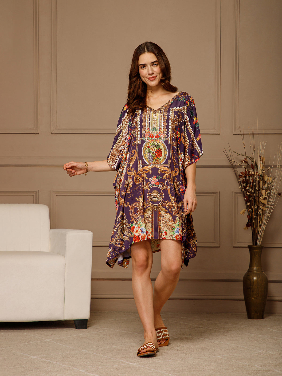 Purple V-Neck Poly Silk Kaftan Dress