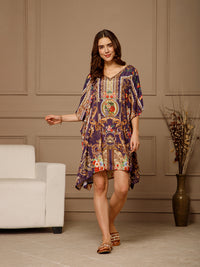 Purple V-Neck Poly Silk Kaftan Dress
