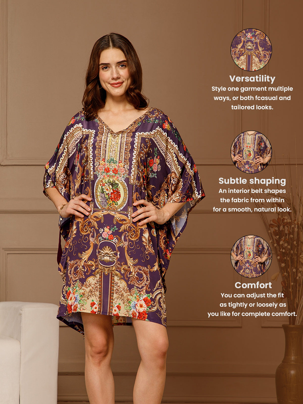 Purple V-Neck Poly Silk Kaftan Dress