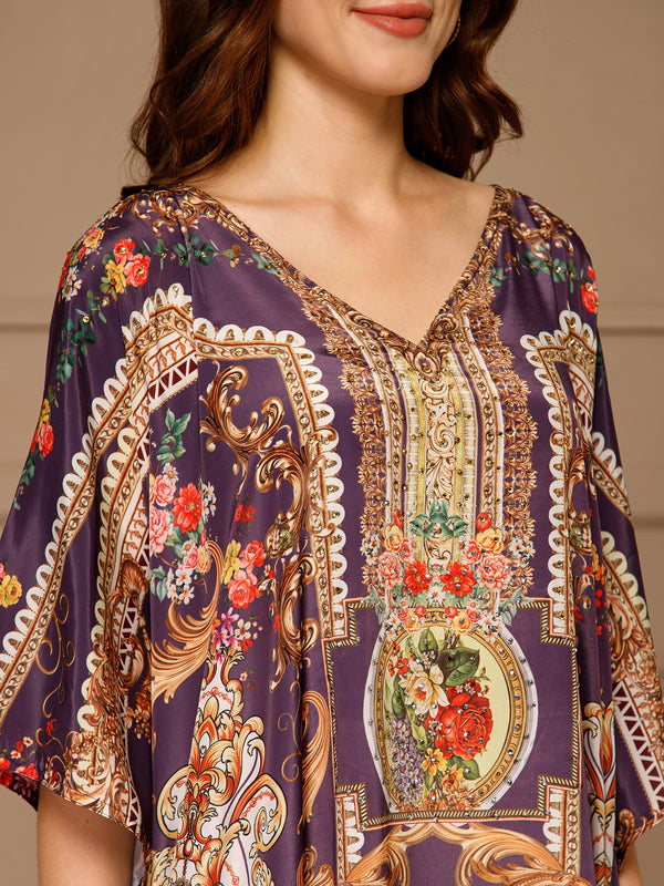 Purple V-Neck Poly Silk Kaftan Dress