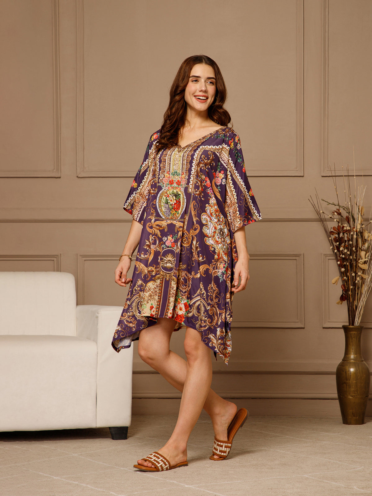 Purple V-Neck Poly Silk Kaftan Dress