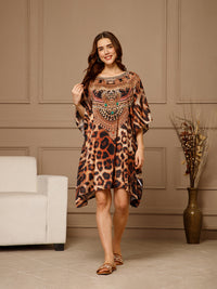 Brown Round-Neck Poly Silk Kaftan Dress