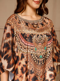 Brown Round-Neck Poly Silk Kaftan Dress