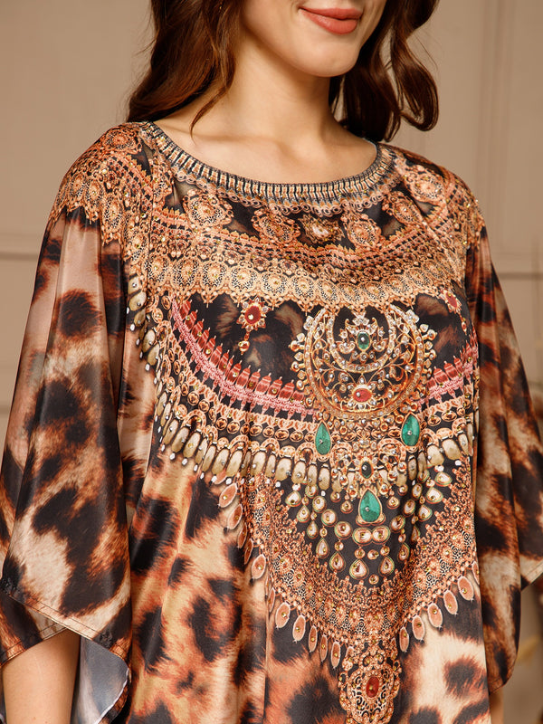 Brown Round-Neck Poly Silk Kaftan Dress