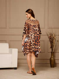 Brown Round-Neck Poly Silk Kaftan Dress