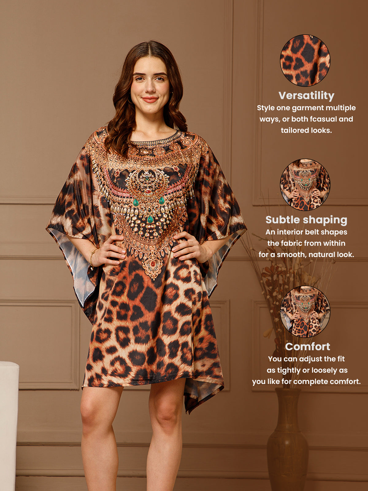 Brown Round-Neck Poly Silk Kaftan Dress