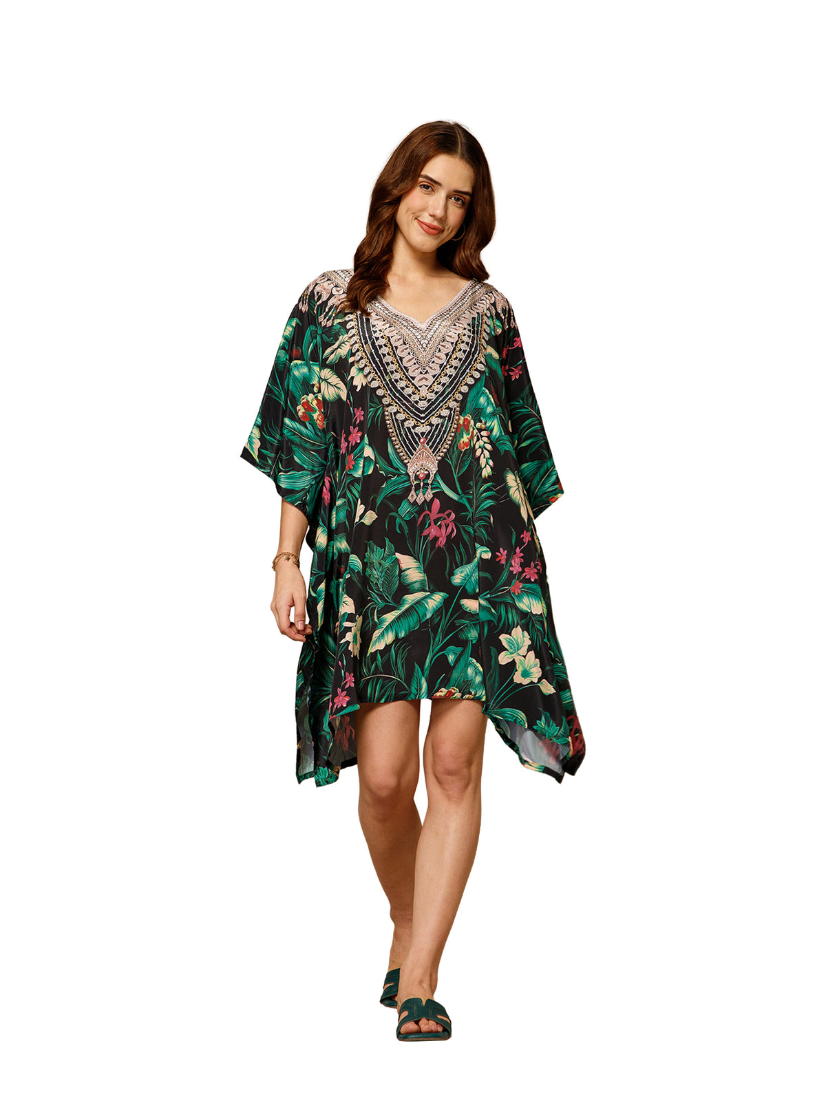 Green V-Neck Poly Silk Kaftan Dress