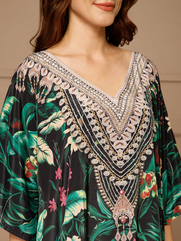 Green V-Neck Poly Silk Kaftan Dress