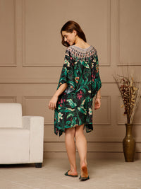 Green V-Neck Poly Silk Kaftan Dress