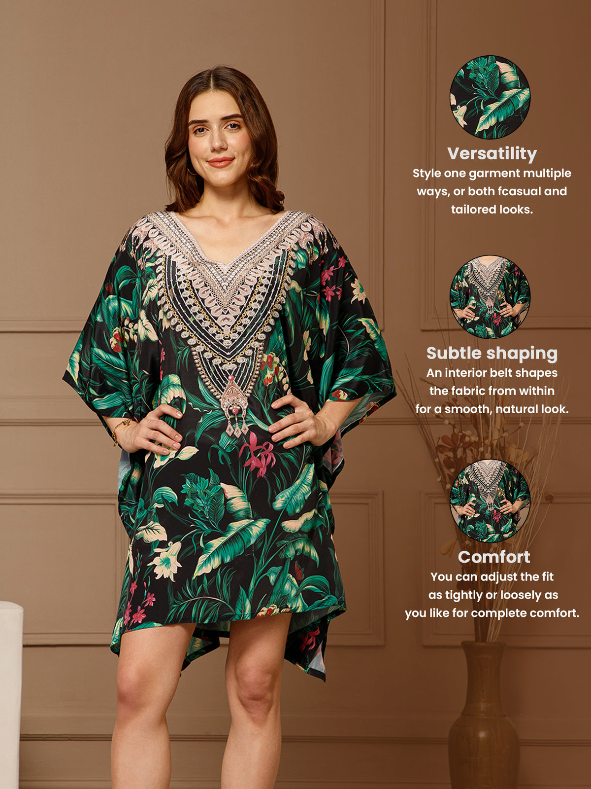 Green V-Neck Poly Silk Kaftan Dress