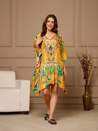 Yellow V-Neck Poly Silk Kaftan Dress